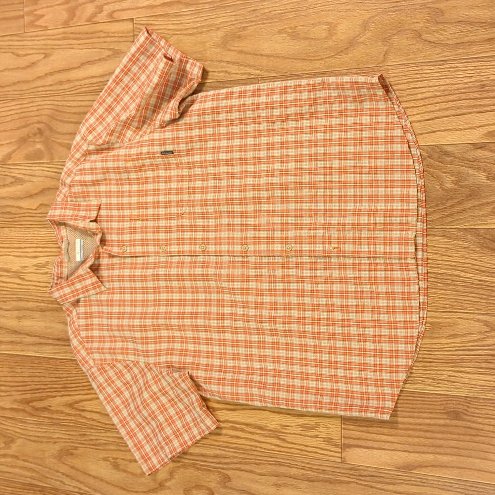 Columbia orange and brown plaid short-sleeve fishing shirt, men's size XL - Picture 1 of 3